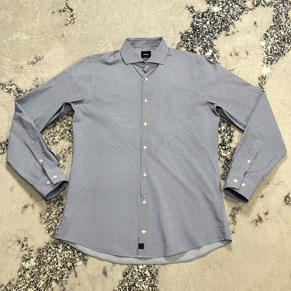 Strellson Extra Slim Dress Shirt Mens Size 39 15.5 Blue Micro Dot Cotton